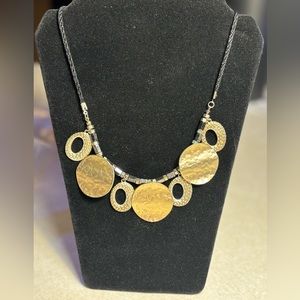 Vintage Hammered Metal Disk cord necklace w/metal beads